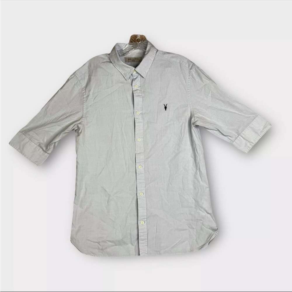 Allsaints 3/4 Sleeve Button Up Shirt Mens Medium Gray Solid Embroidered Logo